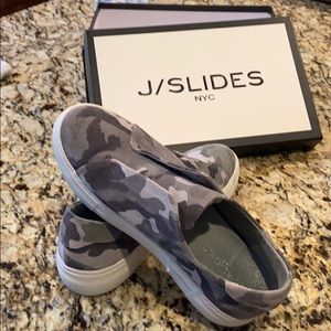 Womens grey camo suede slip on sneakers.